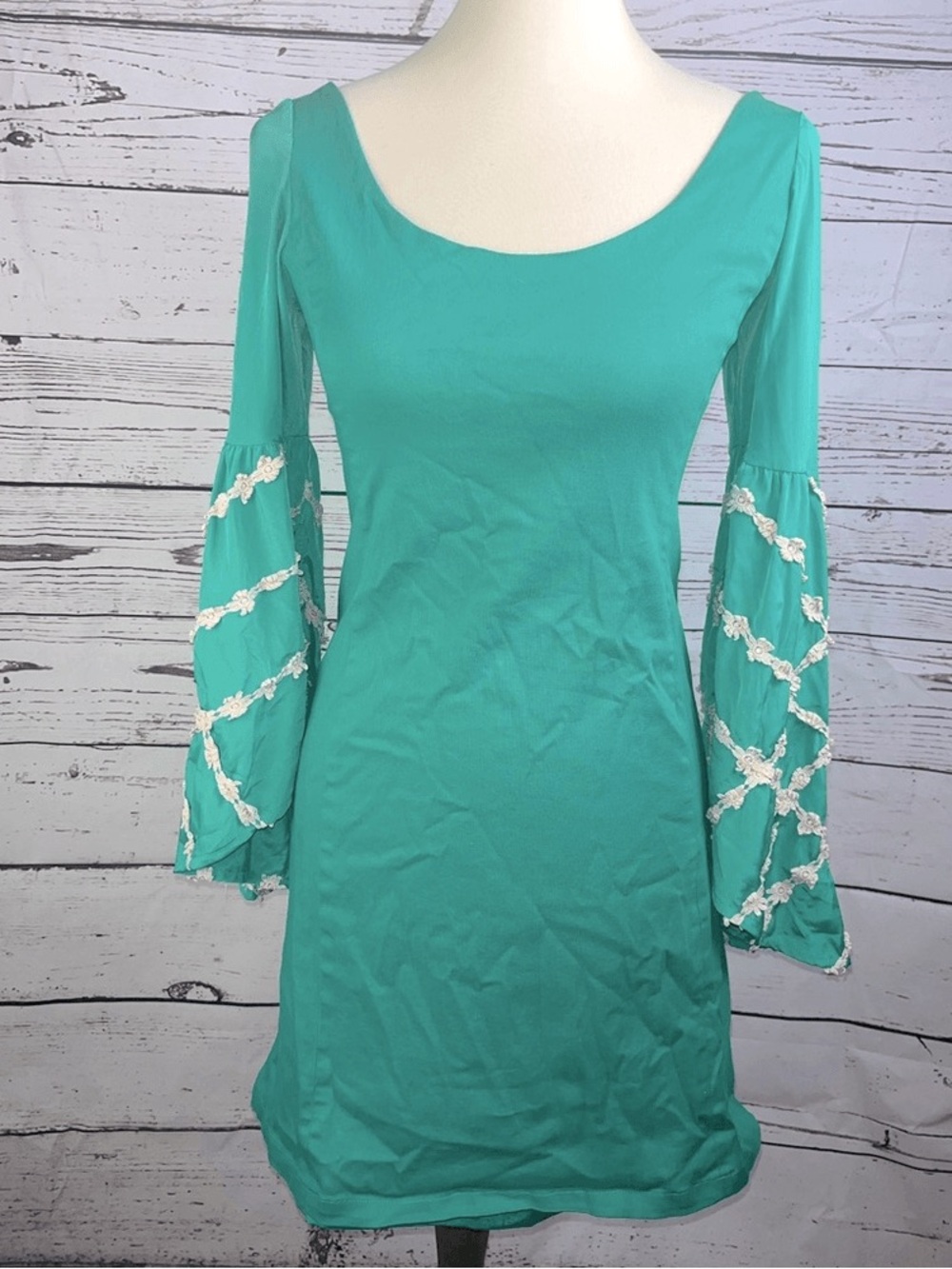 Judith March Teal Bell Sleeve Embroidered Dress - Mini- Women’s